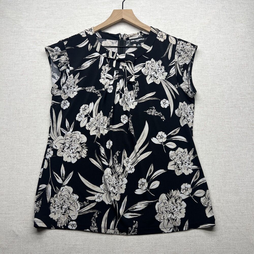 Karl Lagerfeld Womens Floral Black & White Bow Detail Cap Sleeve Blouse Shirt M